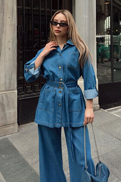 Olcay Kék öves kabát és nadrág farmer kétrészes szett