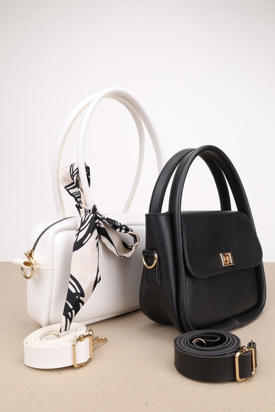 NOTHING Women's White Black Gold Accessory Detailed Scarf Gift Set of 2 Shoulder and Crossbody Bags Morimona