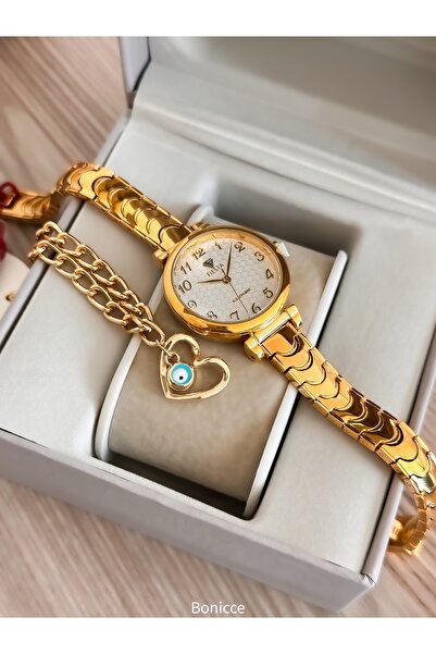 Fiesta 2 Years Warranty Steel Cord Bridal Engagement Wedding Women Wristwatch+Evil Eye Beaded Bracelet