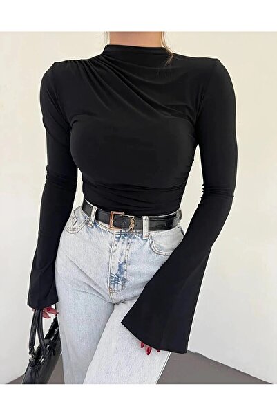 peri tower New Season Μαύρη άμμος μπλούζα με κορδόνι με ισπανικό μανίκι