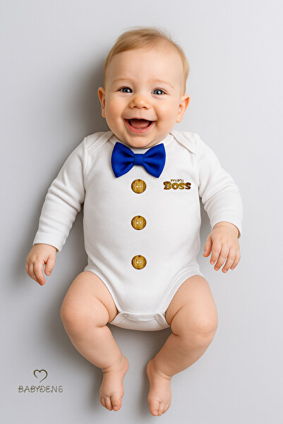 BABYDEN'S Tiny Boss Bow Tie Baby Bodysuit, Button Pattern Printed, Baby Boy L...