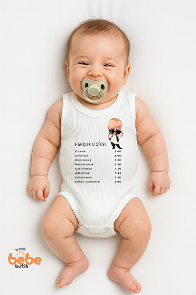 Trend Bebe Butik Harçlık Listesi Baskılı Ribana Çıtçıtlı Unisex Bebek Zıbın B...