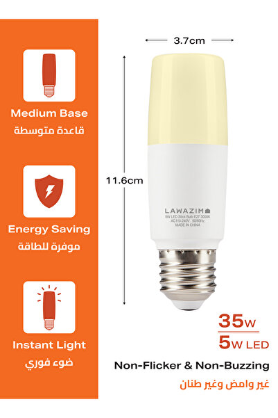 Lawazim 5W LED Stick Bulb E27 6 Pack - Warm White 3000K - 400 Lumens, 35W Equivalent, Non-Dimmable