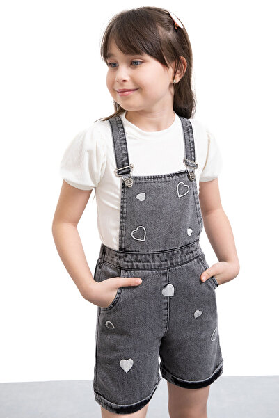 Cansın Mini Black Heart Embroidered Shorts and Salopet Girl's Badi 2 Piece Set 21019