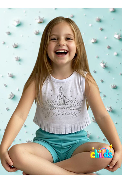 childs Double Crop Girl's Summer Suit Princess Stone Printed Shorts Suit Made of Devore Fabric