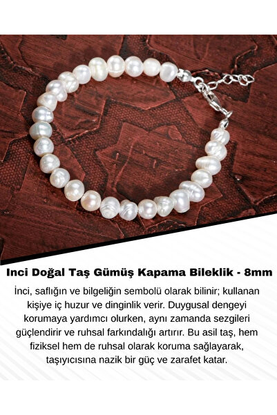 Saff Doğal Taş Inci Doğal Taş Gümüş Kapama Bileklik - 8mm