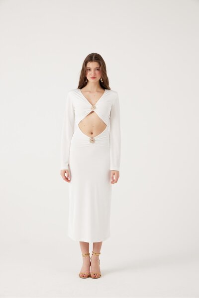 HOLLY LOLLY Long Sunlit Dress with V Neck Accessory White