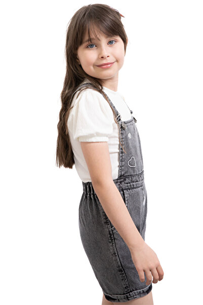 Cansın Mini Black Heart Embroidered Shorts and Salopet Girl's Badi 2 Piece Set 21019