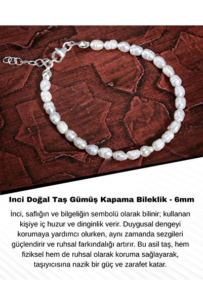 Saff Doğal Taş Inci Doğal Taş Gümüş Kapama Bileklik - 6mm