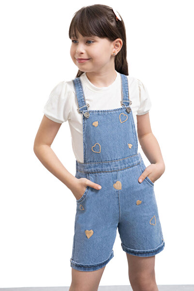 Cansın Mini Blue Heart Embroidered Shorts and Salopet Girl's Baggy 2 Piece Set 21018
