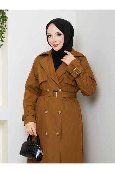 RACE FASHİON Modest Wear Waterproof Double Breasted Collar Belted Full Length Trench Coat Rc1403056