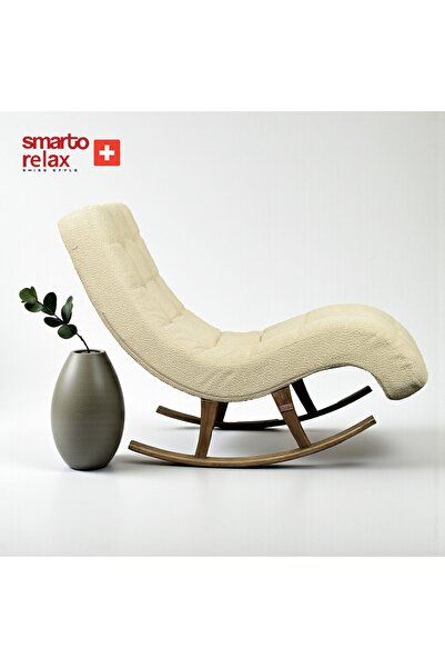 Smarto relax Sallanan Koltuk – Beyaz Teddy Kumaş, Modern Ahşap Ayaklı Geniş Dinlenme Koltuğu 160x75