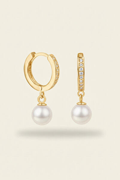 bymissmücevherat 925 Ayar Gümüş Zirkon Taşlı 6 mm Gold Renk İncili Halka Küpe