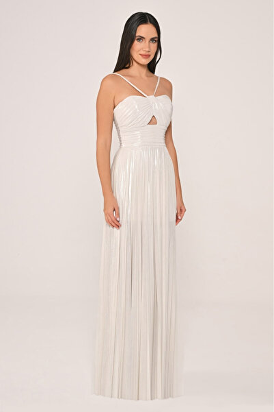 ALFABETA KADIN ABİYE ASKILI YIRTMAÇLI PARLAK ŞİFON UZUN ELBİSE