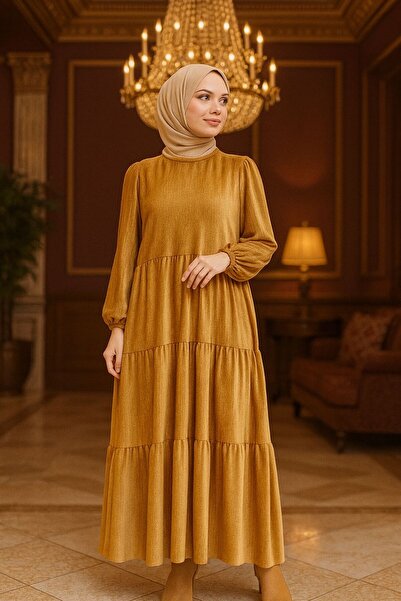 Neva Style - Плисирана кадифена рокля с хиджаб в цвят камила 1286c