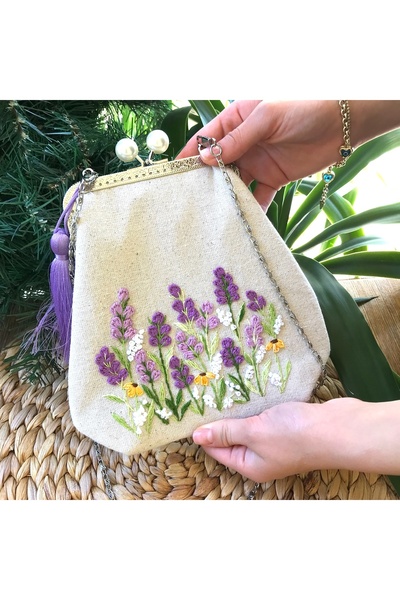 Home Cream Linen Hand Embroidered Lavender Pattern Vintage Style Bag. 18X18 Dimensions. 100% Handmade