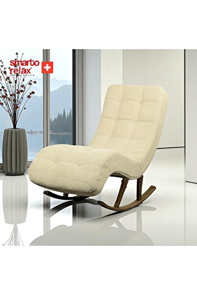 Smarto relax Sallanan Koltuk – Beyaz Teddy Kumaş, Modern Ahşap Ayaklı Geniş Dinlenme Koltuğu 160x75