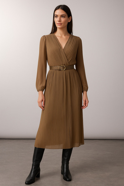 Noi Belis Kemerli A Kesim Piliseli Maxi Astarlı Şifon Uçuş Uçuş Dokuma Elbise AW25EL0010