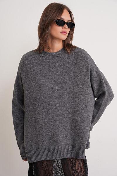 Mixray 6913 Pulover de tricotat oversize pentru femei, cu textura moale, antracit