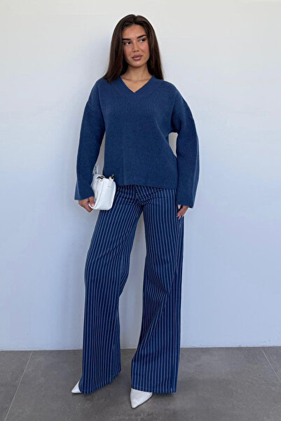 Madmext Navy Blue Striped Women's Jean Trousers Mg2463