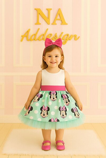 NA ADDESIGN Kız Çocuk Yeşil Tüllü Mickey Mouse Elbise