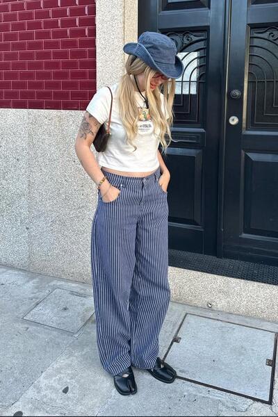 Madmext Navy Blue Striped Women's Jean Trousers Mg2463