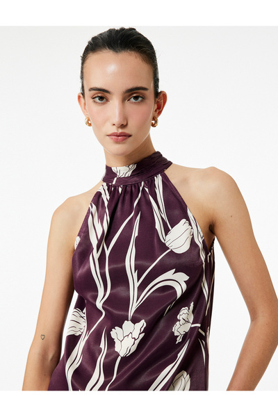 Koton Floral Patterned Halter Neck Satin Blouse with Tie Detail
