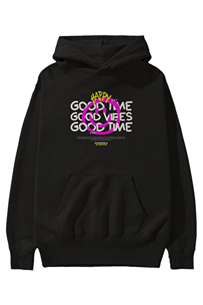 Ankhises Happy Good Time Written Front Printed Black Hoodie Oversize Φούτερ μ...