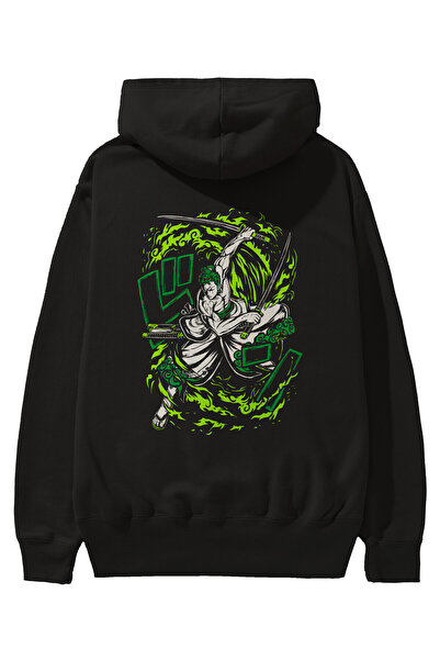 Ankhises ZORO-ONE PIECE (2) Anime Back Printed Μαύρο Φούτερ με κουκούλα μεγάλ...