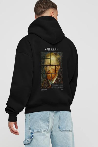 Ankhises Van Gogh Self Portrait Back Printed Black Hoodie Oversized Hooded Sw...