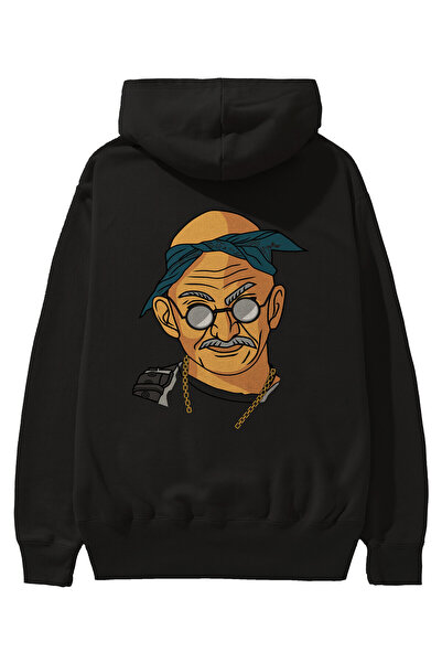 Ankhises Tupac Gandhi Hanorac negru oversize cu glugă cu imprimeu pe spate Bă...