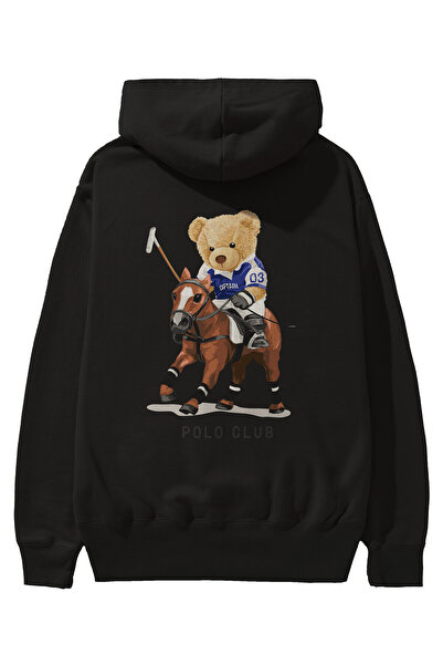 Ankhises سويت شيرت بقلنسوة أسود كبير الحجم مطبوع من الخلف للرجال والنساء من تيدي بير بولو كلوب