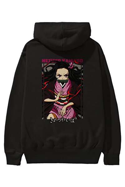 Ankhises Nezuko Kamado 1 Hanorac negru oversize cu glugă, cu imprimeu pe spat...