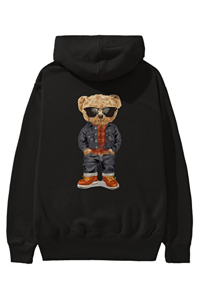 Ankhises Teddy Bear Style Back Printed Μαύρο Oversize Φούτερ με κουκούλα Ανδρ...