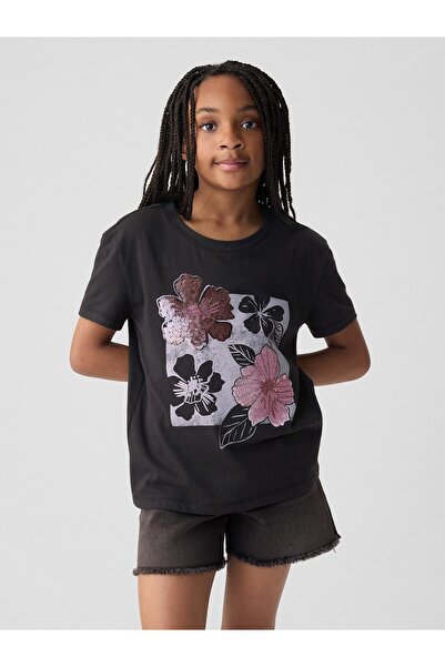 GAP Kız Çocuk Siyah Pullu Sequin Grafikli T-Shirt