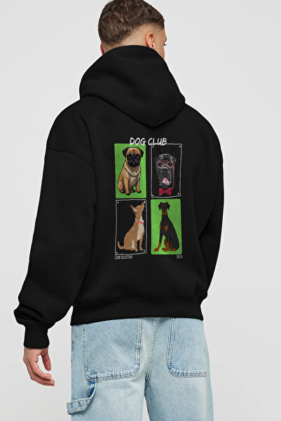 Ankhises Hanorac negru cu glugă supradimensionat cu imprimeu pe spate Dog Club pentru bărbați și femei