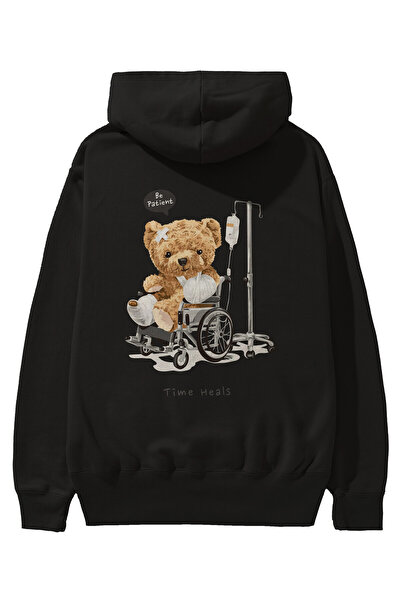 Ankhises Teddy Bear Time Heals Back Štampano Crna Oversize kroj Sa kapuljačom...