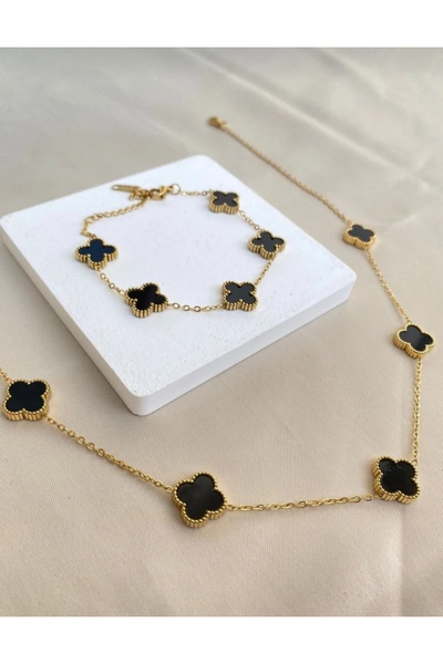 staınless steel Steel Black Clover Necklace, Bracelet Set