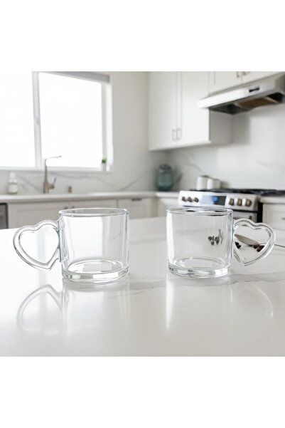 FAIR HOME Set of 2 Thick Glass Mug Cups with Heart Handles Special for Couples - Transparent