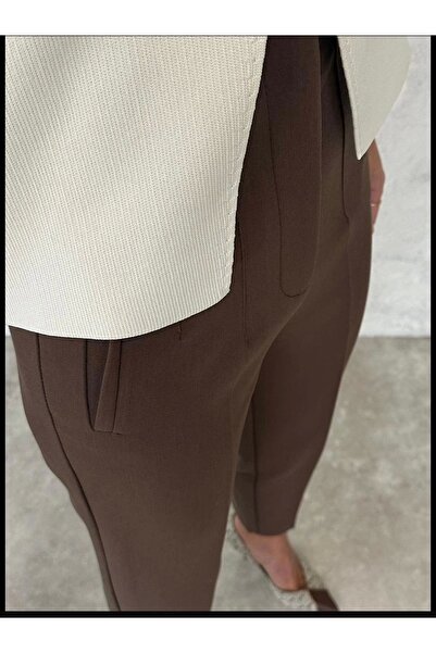 KAROL Brown Flat Front Fabric Trousers