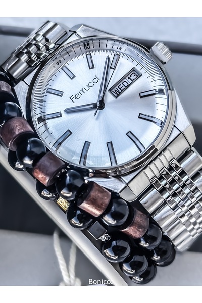 Ferrucci Marka Çelik Kordon Gümüş Sarı Renk Sevgili Kol Saati + Tesbih Bileklik