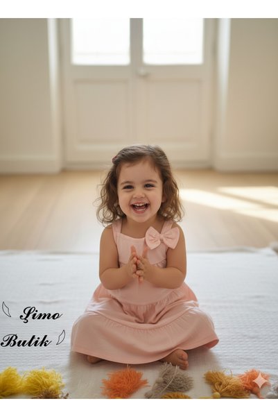 SELFİE KİDS Girl's Combed Cotton Dress with Bow Pink Salmon
