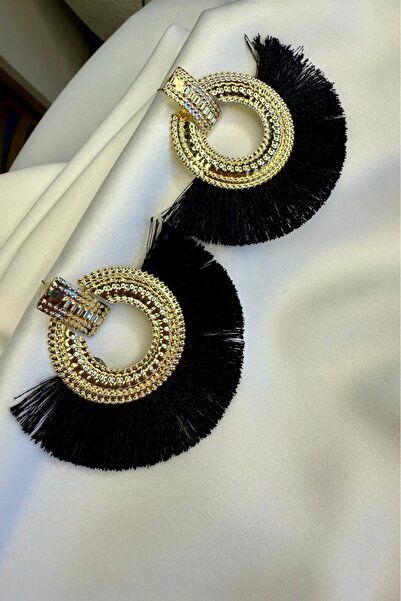 Melissa Boutique Women's Black Gold Detailed Tasseled Retro Design Earrings