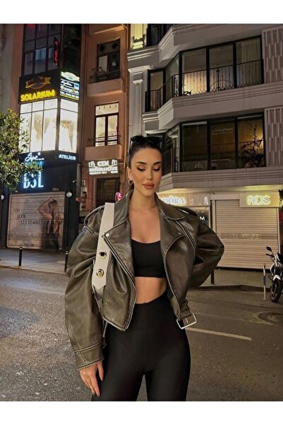 Rhythm London Textile Haki Kemerli Oversize Deri Biker Ceket