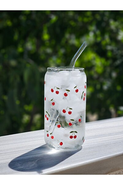 Store Pinterest Bardak Pipetli Cam Bardak Kiraz Desenli Isıya Dayanıklı (500 ML)