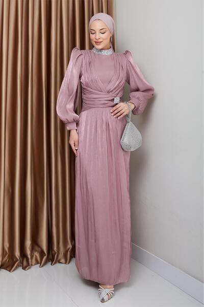 Olcay Yoryo Silk Hijab Evening Dress with Bow and Collar Stone Cloth Gül 1236