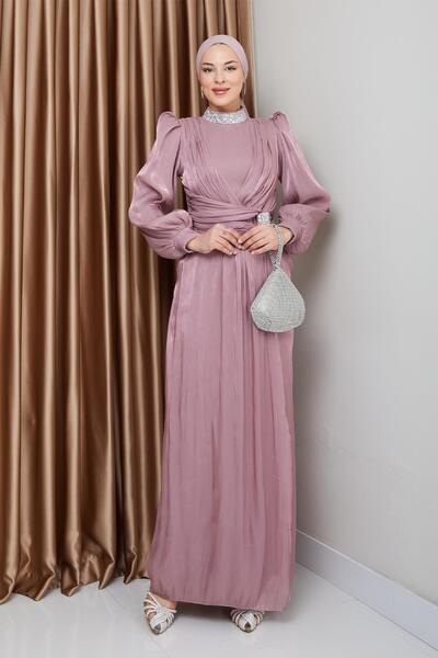 Olcay Yoryo Silk Hijab Evening Dress with Bow and Collar Stone Cloth Gül 1236