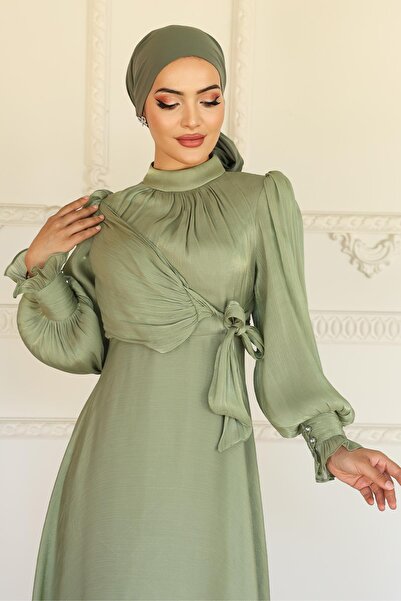 Olcay Yoryo Silk Hijab Evening Dress with Side Tie Cuff Detail Çağla 1241