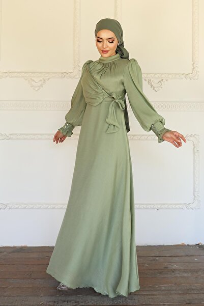 Olcay Yoryo Silk Hijab Evening Dress with Side Tie Cuff Detail Çağla 1241