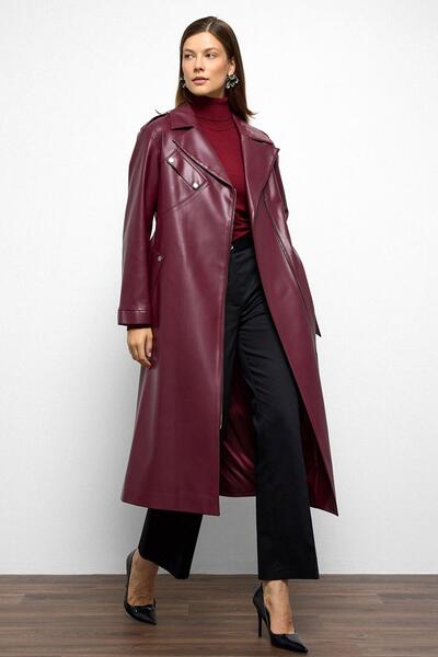 Olcay Low Sleeve Zipper Closure Oversize Leather Trench Coat Bordo 6759